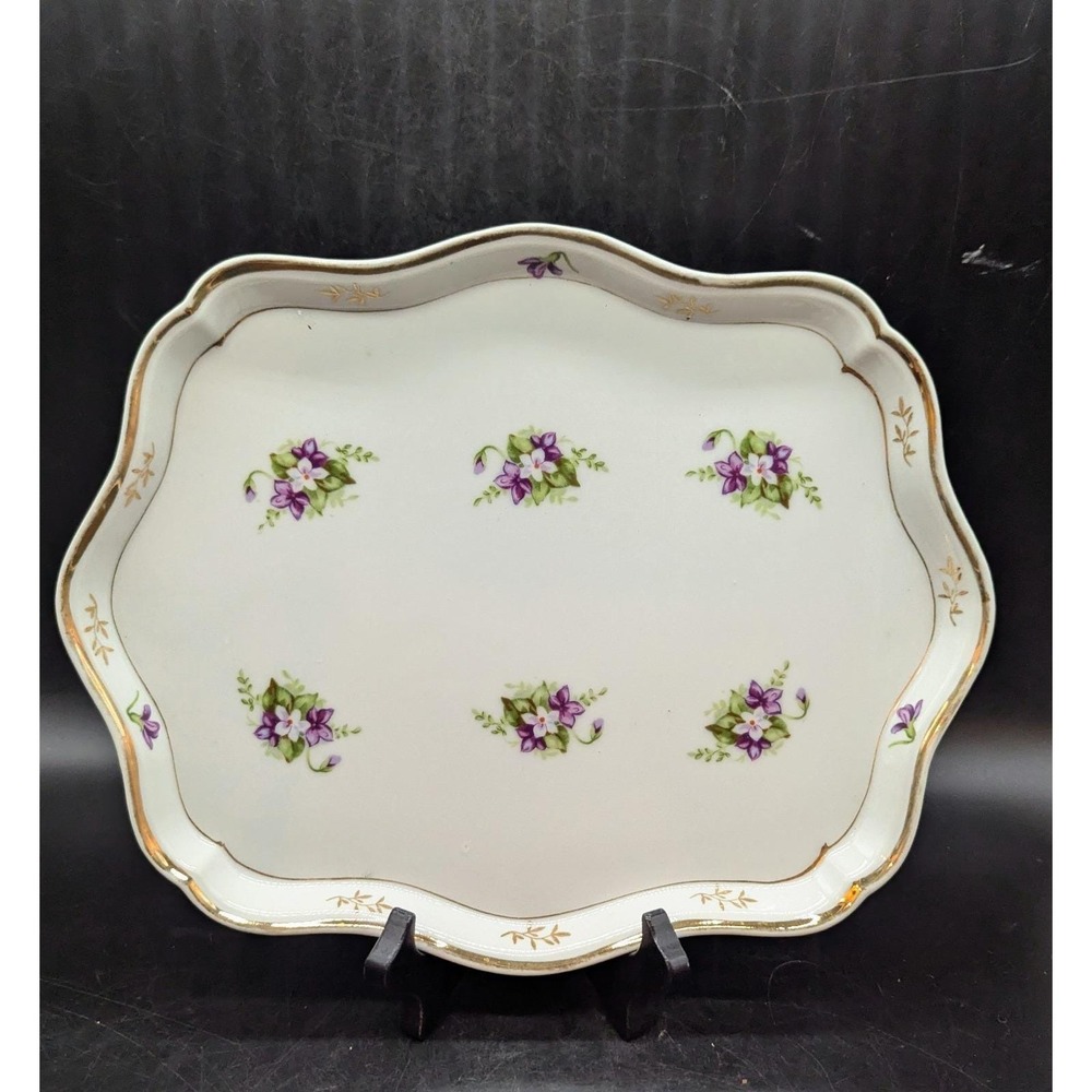 Vintage Hand Painted Porcelain Dresser Vanity Tray Flower Violet 12"